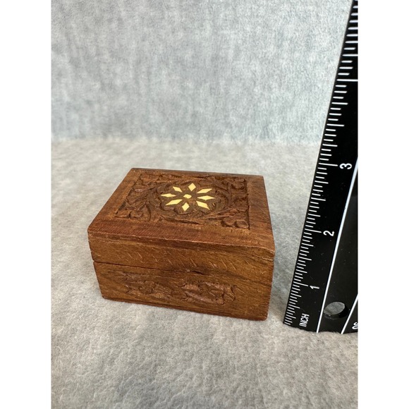 Hand Carved Wooden Jewelry Box Trinket Keepsake Small Box Primitive Rustic India - Picture 14 of 15